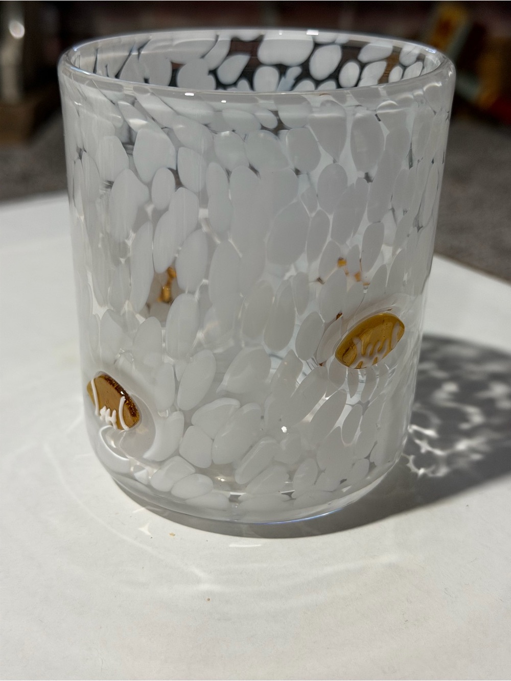 Anthropologie Hand-Blown White and gold footballs Speckled Glass Tumbler